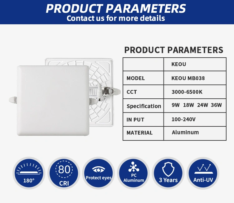 Keou CE RoHS 85V-265V Recessed 9W 18W 24W 36W Square Round LED Panel Light