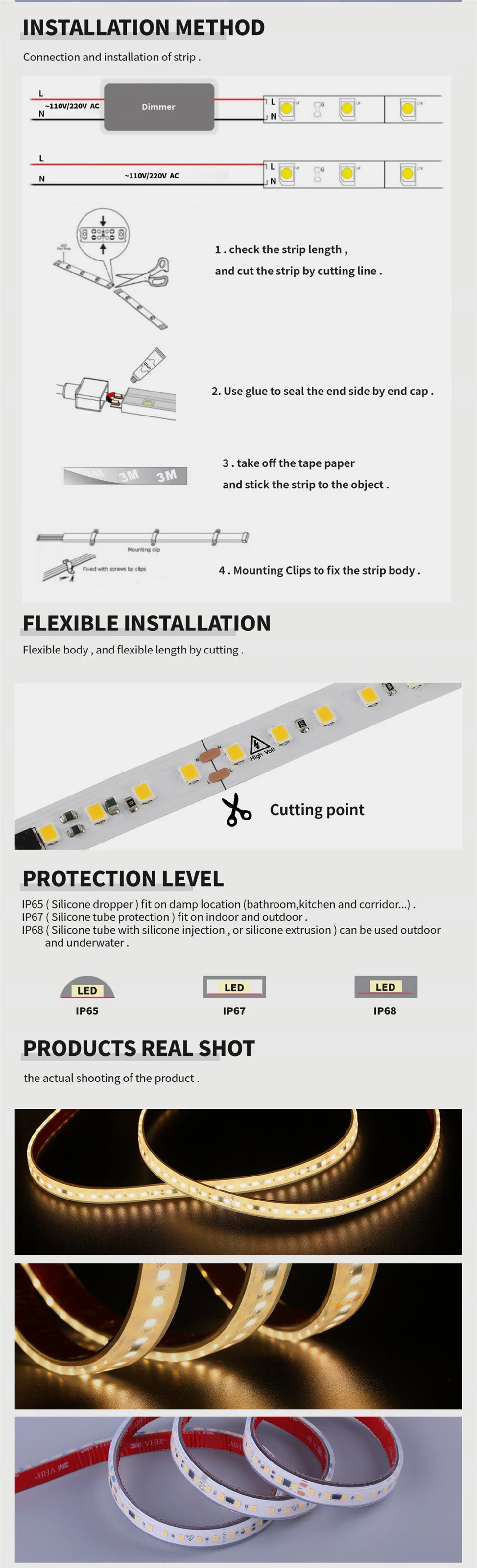 High Voltage Waterproof LED Strip Light 110 220 Volts 2835 Flexible LED Rope Light