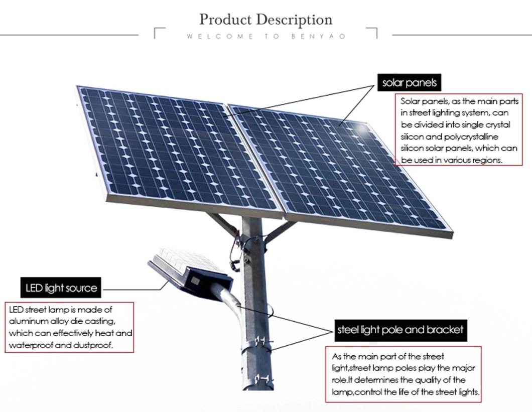 Outdoor Waterproof High Efficiency Energy Saving Waterproof IP65 LED Solar Street Light with Panel and Lithium Battery