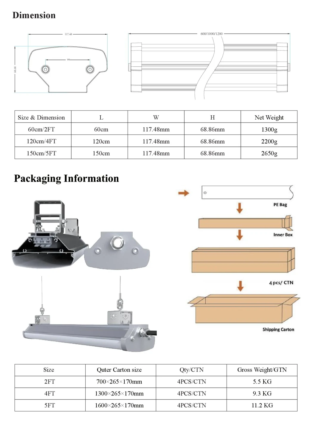 Rygh 1200mm Suspended Drop LED Ceiling Lights Troffer Light 60W