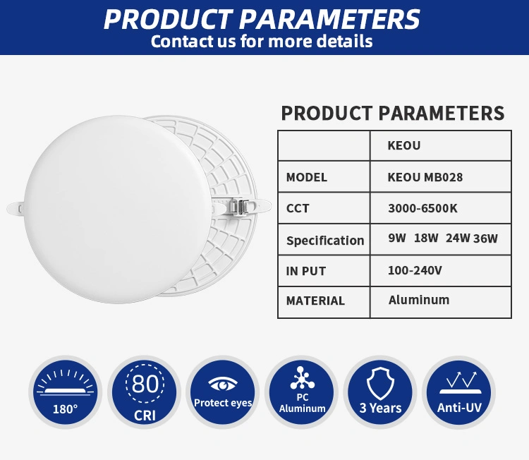 Keou CE RoHS 85V-265V Recessed 9W 18W 24W 36W Square Round LED Panel Light